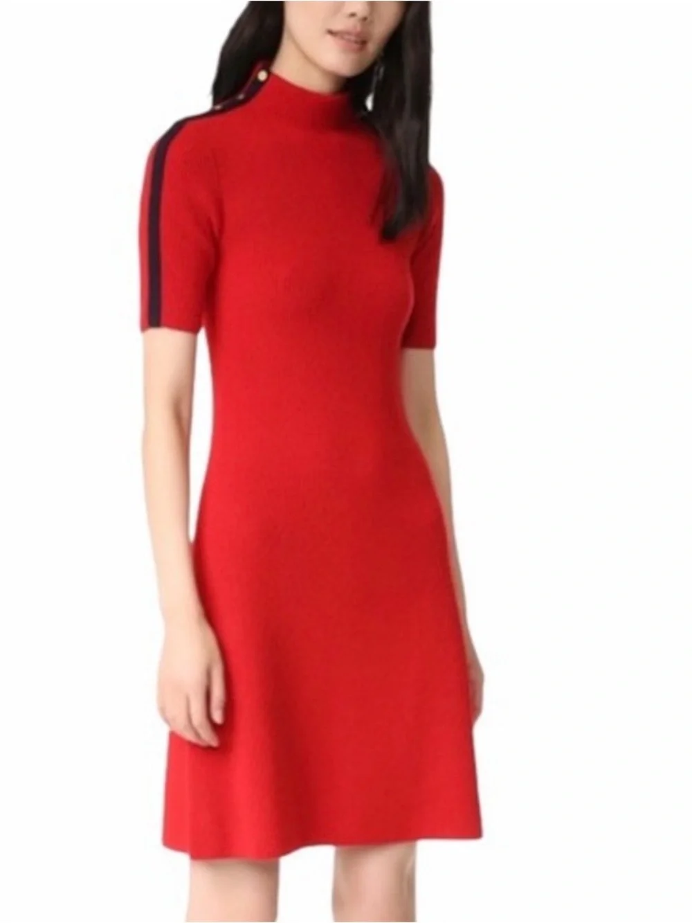 Tory Burch Sardy Merino Wool Sweater Dress Red Navy Gold Buttons L